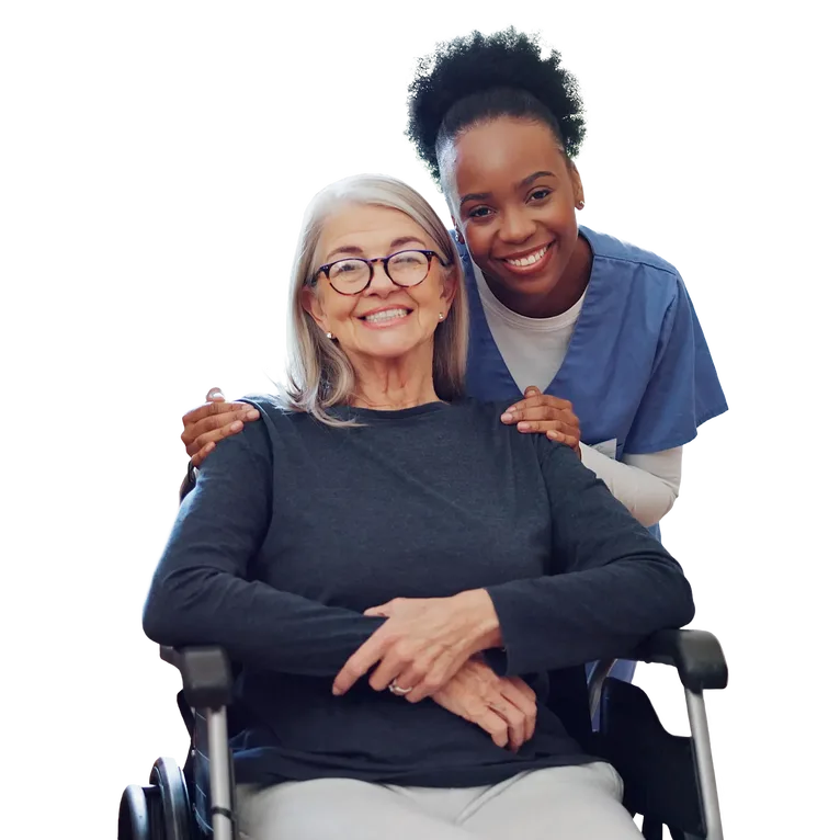 Patient in a wheelchair smiling with their Nurse
