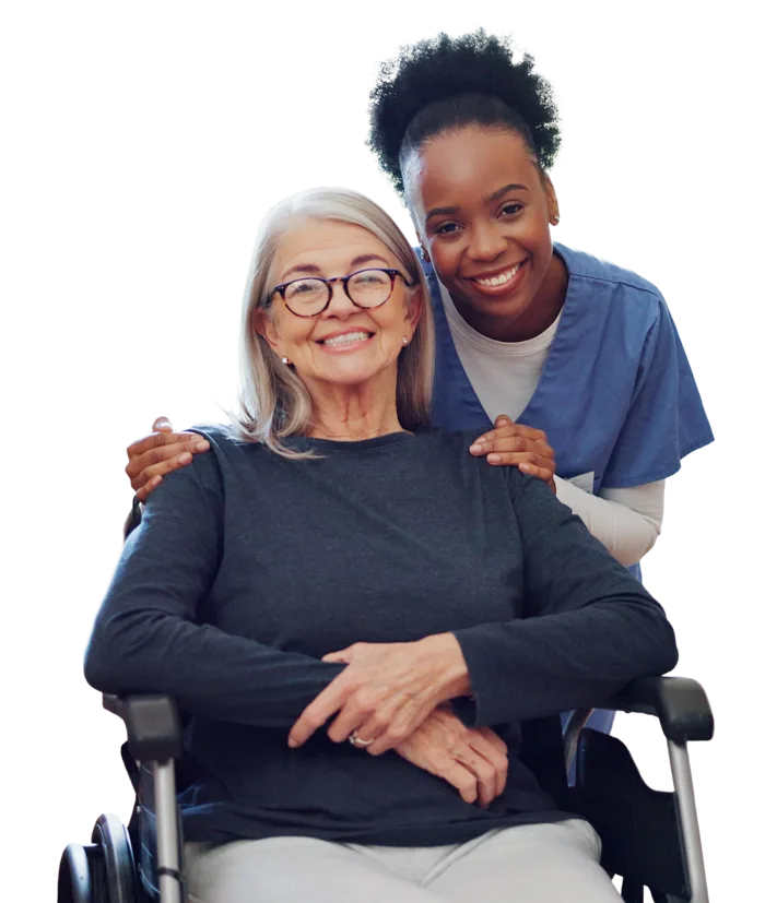 Nurse assisting senior in a wheelchair
